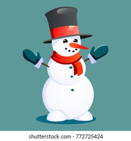 Snowman in black hat and gloves, red scarf tied around neck, nose from the carrot, marry christmas happy new year vector illustration