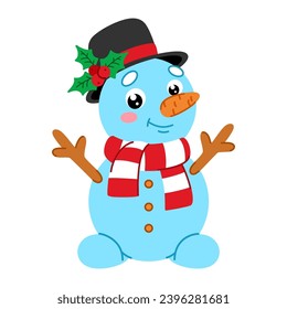 Snowman in black hat with mistletoe and scarf. Isolated vector illustration on a white background. Perfect for Christmas and New Year holiday design. Cute winter snow character in cartoon flat style.