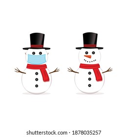 Snowman with a black hat and a red scarf on a white background and a snowman wearing a mask.