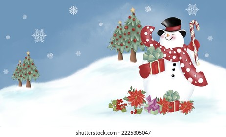 Snowman with a black hat and red scarf with circle pattern is holding gift box and a candy cane. Gift boxes, Christmas flowers and berries on the snow. Christmas Trees at behind. Watercolor  image.