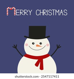 Snowman with black hat, red scarf. Cute Cartoon kawaii simple funny baby character. Nose carrot. Merry Christmas. Candy cane. Greeting card, sticker print template Flat design Violet background Vector