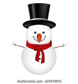 snowman with black hat and scarf in white background vector illustration