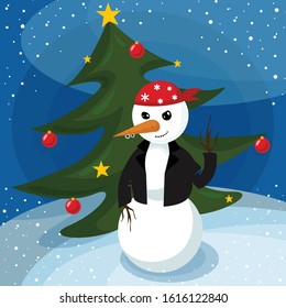 Snowman in a black leather jacket and a red bandana on the background of the Christmas tree, Christmas decorations, New year, Christmas, snow, winter