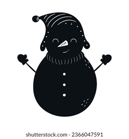 Snowman. Black silhouette. Vector on white background.