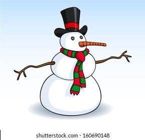 Snowman with black top hat, button eyes, carrot nose, scarf, and branch arms. Vector illustration.