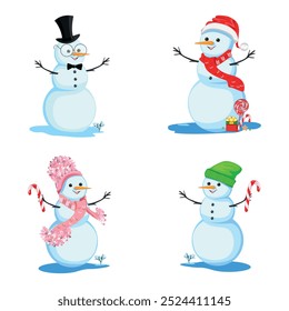 Snowman in a black top hat and glasses, in a Santa hat, in a pink hat with a pom-pom. Set of vector illustrations of funny snowmen in cartoon style on a white background.