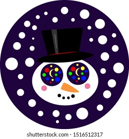 snowman in a black top hat in his eyes reflects Christmas round lights and the moon falls white snow festive evening winter and new year concept