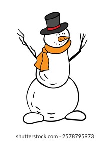 snowman with a black top hat, orange scarf, stick arms, a carrot nose, and a smiling face. The design is playful and simple for New Year card, print, brochures, poster design.