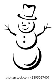 Snowman. Black and white illustration of a snowman. Christmas snowman silhouette. Hand-drawn illustration, not AI