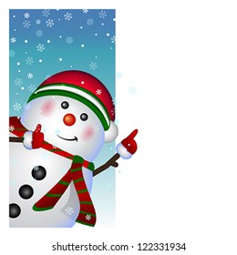 Snowman with blank banner, Christmas and New Year greeting card, winter background, vector