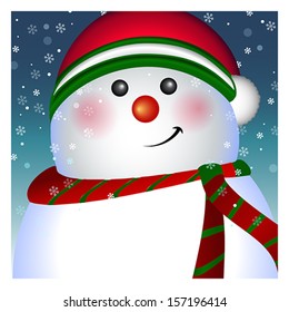 Snowman with blank banner, Christmas and New Year greeting card. Winter holiday background. vector.