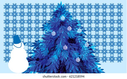 Snowman and blue christmas tree. Vector illustration.