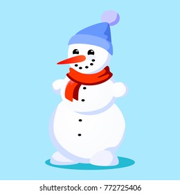 Snowman in blue hat, red scarf tied around neck, nose from the carrot smiling deer in lights of herland on horns, marry christmas happy new year vector illustration