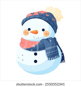 A snowman in a blue hat and a blue scarf decorated with snowflakes and hearts. Isolated on a white background