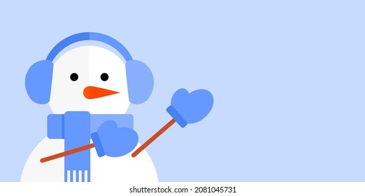 Snowman in blue headphones, scarf and mittens on a blue background points to the empty space on the side