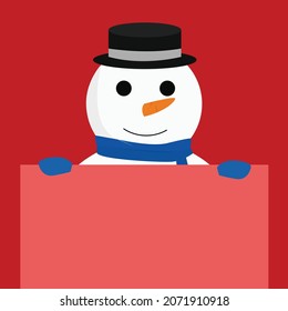 snowman with blue scarf and black hat holds a red sign on red background