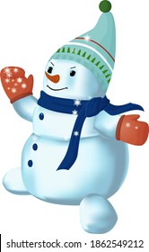 A snowman in a blue scarf catches snowflakes in a mitten.