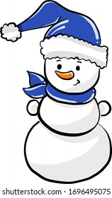 Snowman with blue scarf, illustration, vector on white background