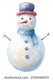 A snowman with a blue scarf and a red hat. The snowman is smiling and has a happy expression