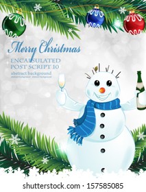  Snowman with a bottle of champagne in his hand on a sparkling background with  christmas tree branches and baubles