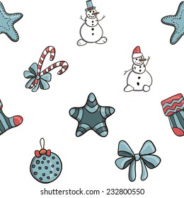 Snowman and bow and stars and christmas tree toy vector seamless pattern on white background