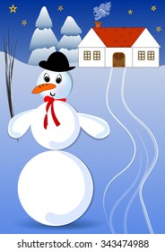 Snowman with bowler hat and red scarf in a snowy landscape with rural house and spruce trees. Dusky winter idyllic image, the snow lit up the darkened landscape