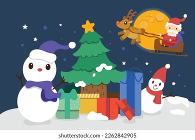 Snowman with boxes of gifts on snow background for decorating cards.