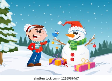Snowman and boy, Happy new year and merry chrismas scene