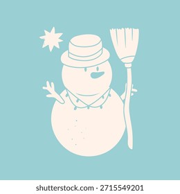 Schneemann mit Zweighänden, Oberkopf mit Besen. Winter, Frohe Weihnachten, gemütliches Wetter, Urlaubskonzept. Netter lustiger Charakter. Handgezeichnete Vektorgrafik. Isoliertes Konstruktionselement