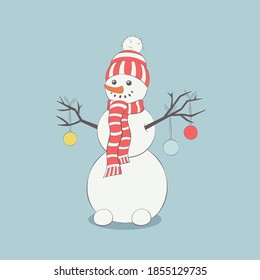 Snowman with branches and New Year's toys, coloring for children, New Year's holidays, cartoon character, Happy Christmas.