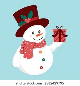 Snowman bring Christmast and New year Gift Box. Flat vector Illustration.