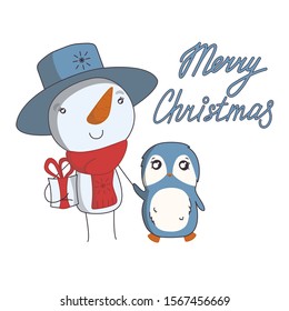 Snowman bringing a Christmas present with penguin. Cute vector illustration in cartoon style
