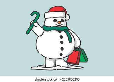 Snowman brings christmas gifts. Christmas Day. Flat image
