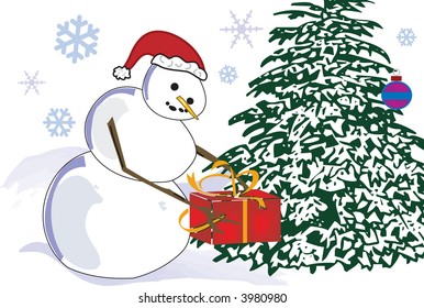 Snowman brings present to snow covered fir tree - vector illustration.