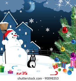 Snowman with broom and black cat near the Christmas tree