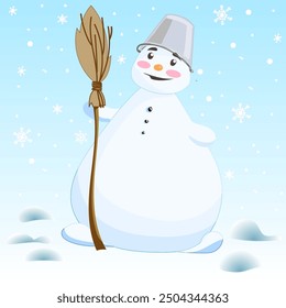 A snowman with a broom and a bucket on his head against the background of the blue sky and falling snow. It's not a carrot in the nose. Vector illustration
