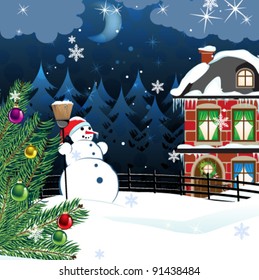 snowman with a broom and a Christmas tree in the yard of a snow covered two-story brick house. Winter country landscape