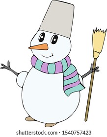 Snowman with a broom. Christmas snowman. Vector image. 