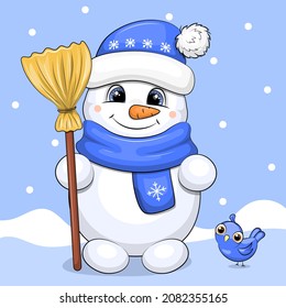 Snowman with a broom. Cute cartoon winter illustration with snow.