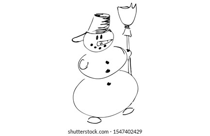 snowman with a broom drawn by hand. traditional Christmas vector illustration. use this cute picture as a seasonal design on stickers, greeting cards, prints, patterns. merry Christmas and happy new y