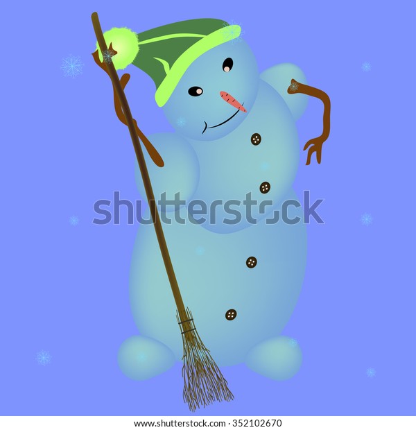 Snowman Broom Green Hat Bright Bubo Stock Vector Royalty Free