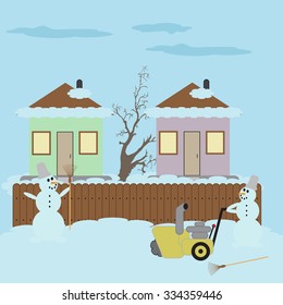 Snowman with a broom and hand snowplow concept of innovation