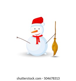snowman with broom in hands on white background.