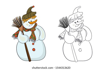 Snowman with a broom and a hat. Vector drawing color and black and white coloring.