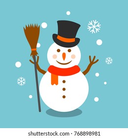 Snowman with broom and hat vector illustration