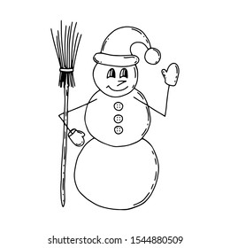 Snowman with a broom in his hand and a hat on his head. The snowman stands smiling and waving his mittened hand. Black and white cute winter illustration in Doodle style. One piece for Christmas