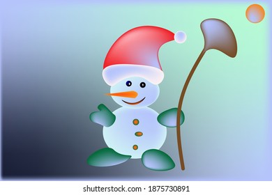  snowman with a broom on the background of snow.greeting card.vector illustration.