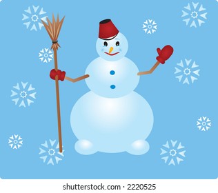 Snowman with broom on the light-blue background with snowflakes-vector