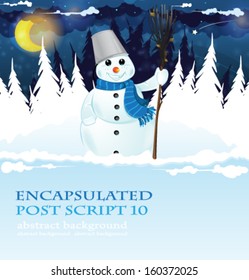 Snowman with a broom in the snowy woods. Winter Night Scene
