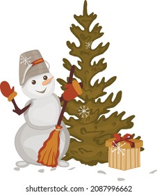 snowman with broom vector. snowman with a bucket on his head vector. snowman waving his hand.gift box under Christmas tree vector. christmas tree clipart. vector illustration. eps